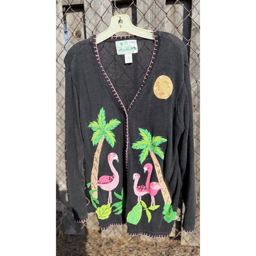 Vintage Quacker Factory Flamingo Cardigan Sweater Palm Tree‎ Tropical M